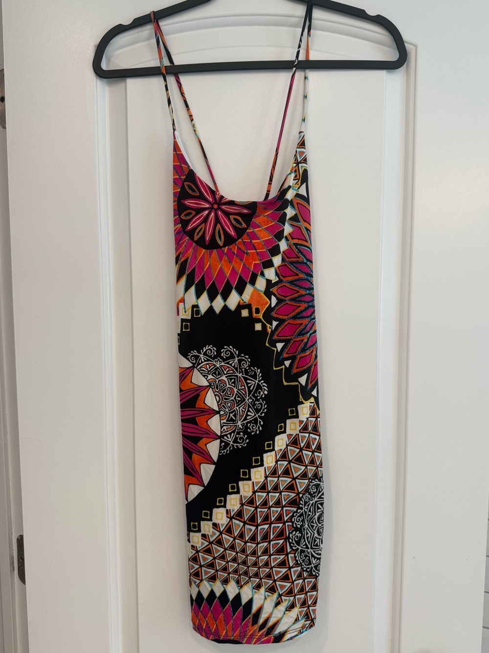 Spaghetti Strap Printed Midi Dress in Black and Pink